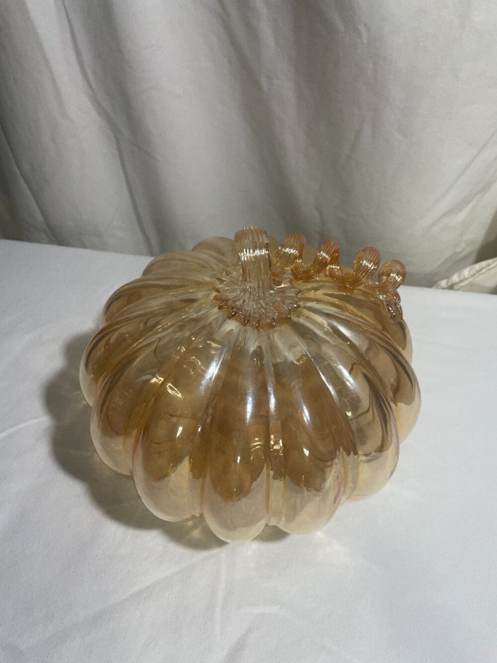 Amber Gold Glass Pumpkin Curled Stem Fall Harvest Thanksgiving Decor 8"
